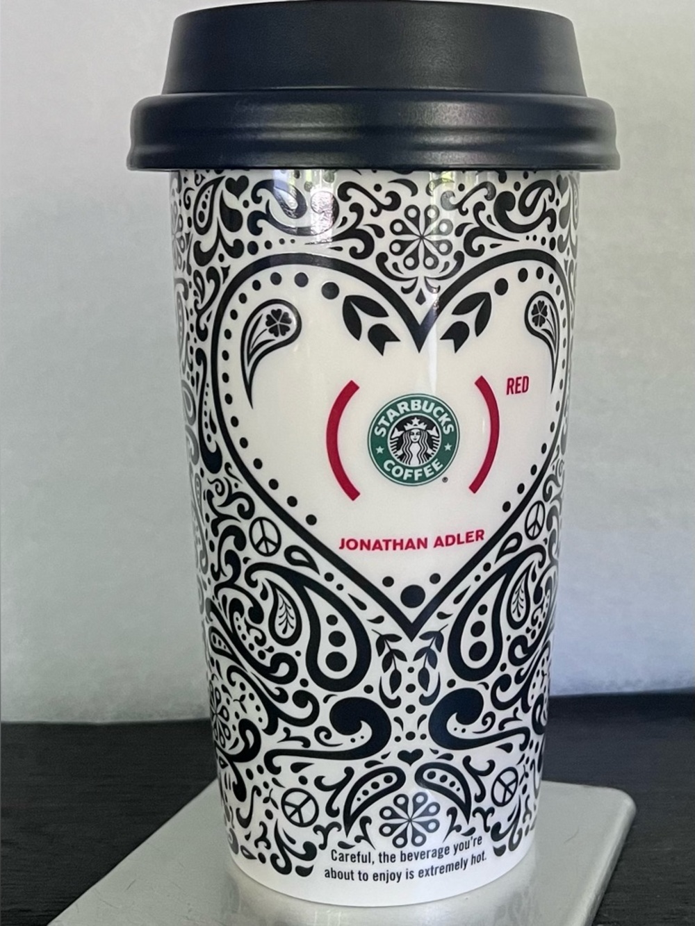 Starbucks Jonathan Adler Black White and Red Heart Pattern Travel Cup